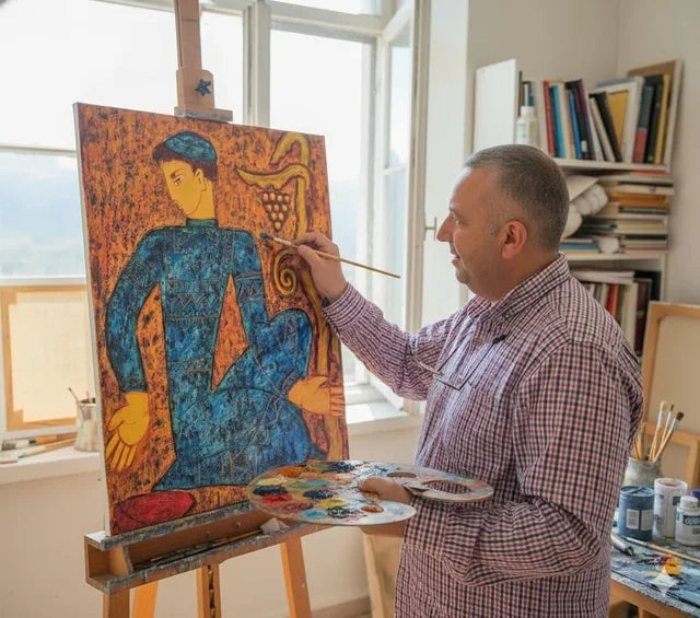 At the easel — a figure in blue