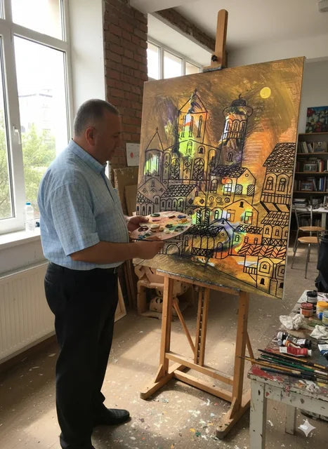 At the easel — a city in colour